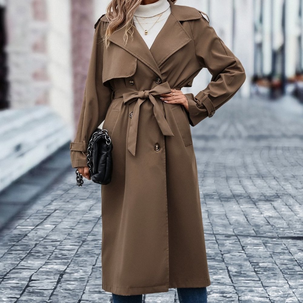 Brand new Raglan Sleeve Casual Double Breasted Belted Trench Coat Mocha Brown